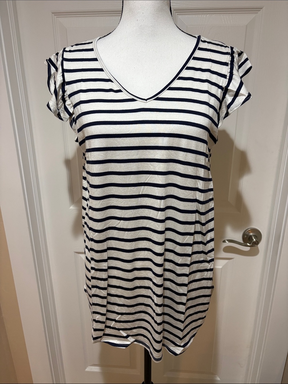 Striped V-Neck Short Sleeve Women’s Top - Navy & White